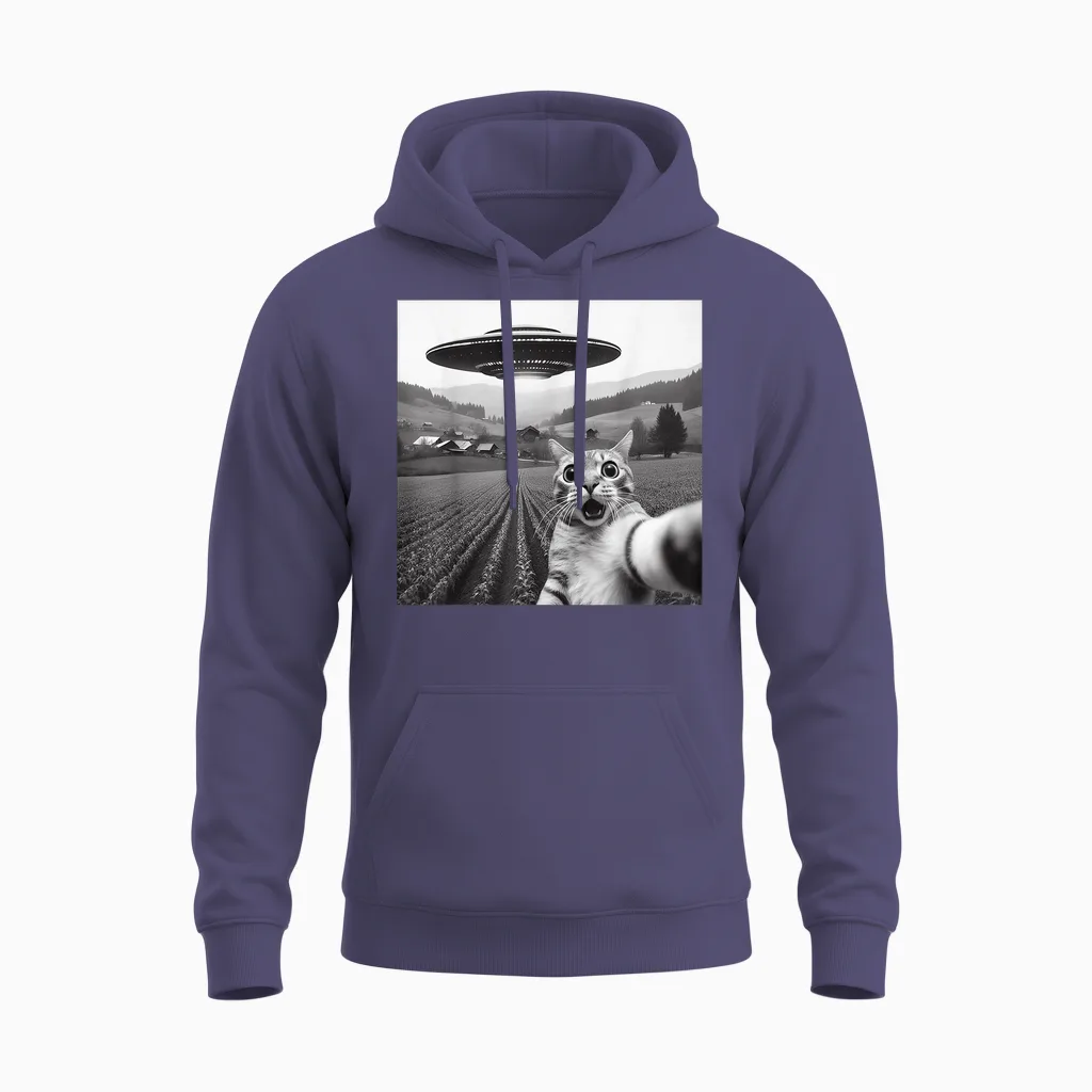 Cat Selfie with Alien Ufo Funny Cat Gifts for Men Women Kid Unisex Hoodie in Heather Sport Dark Navy
