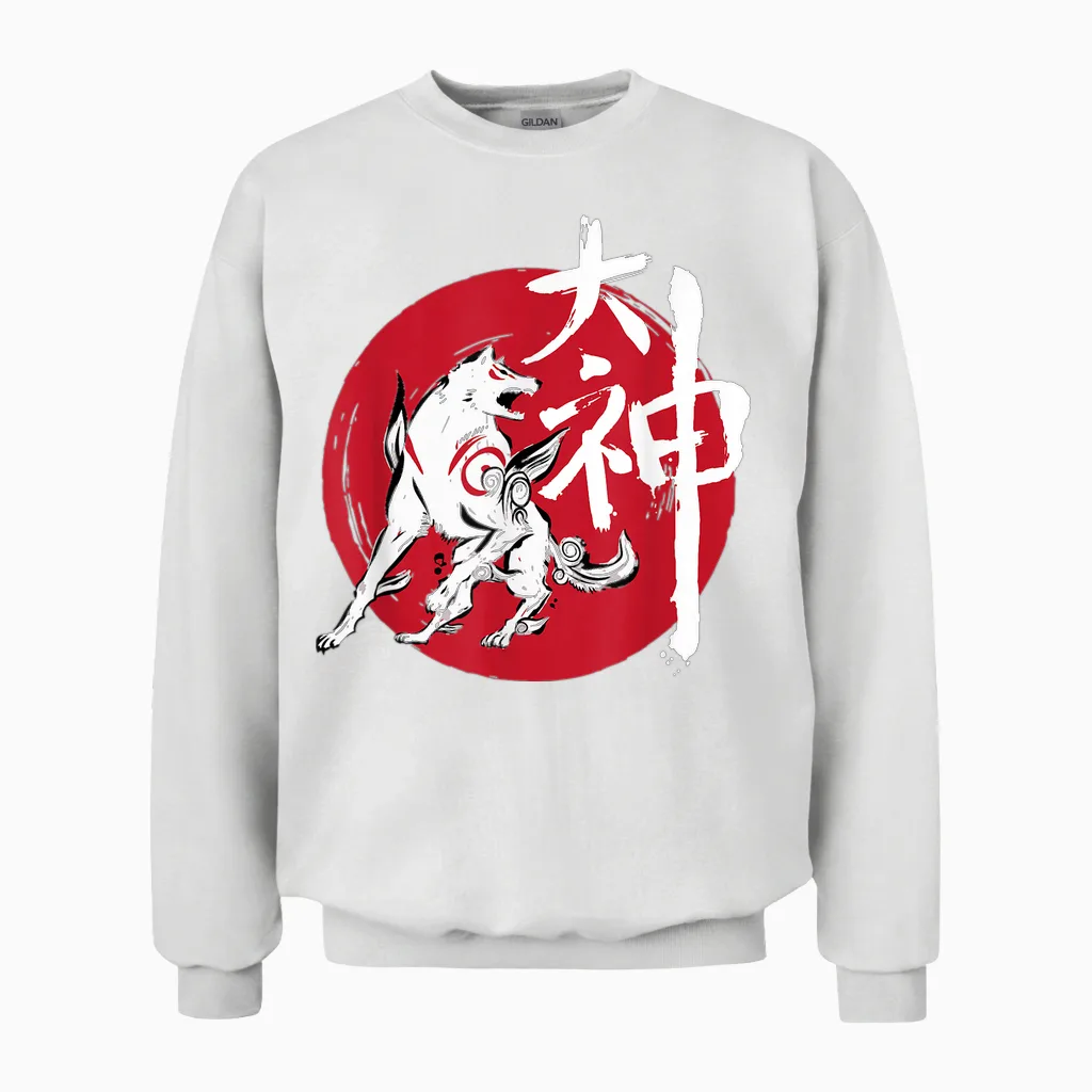 Okami Amaterasu Sun God Wolf the Great Wave Videogame T-Shirt, Black, S Unisex Sweatshirt in White