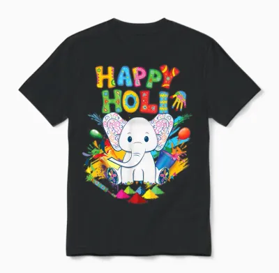 Kids Happy Holi Festival India Color Elephant Hindu Unisex T-Shirt - Black
