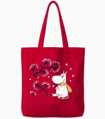 Moomin Moomintroll Winter Watching the Snow T-Shirt, Blue Tote Bags - Red