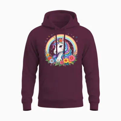 Cute Unicorn Girl with Rainbow Unicorn Unisex Hoodie - Maroon