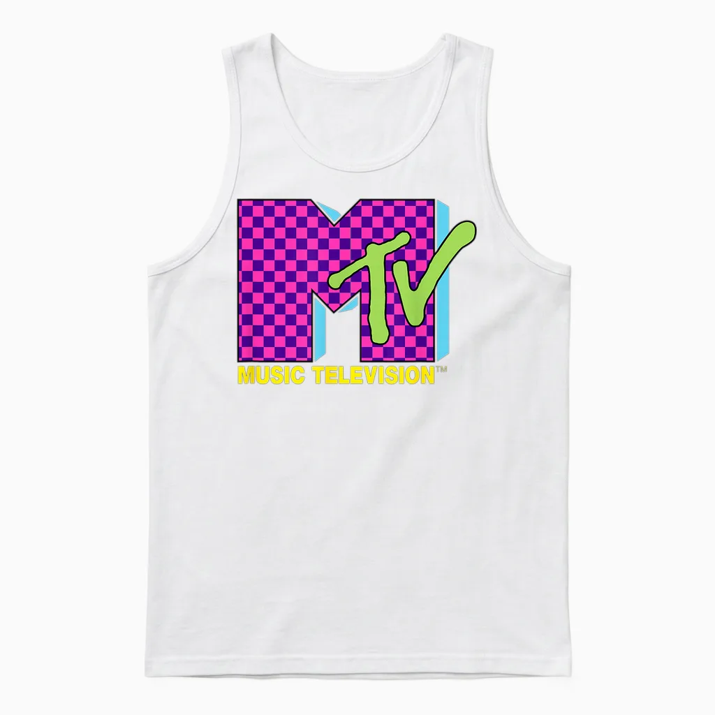 Mtv Music Television Retro 80's Neon Pink Checkerboard Logo Unisex Tank Top in White
