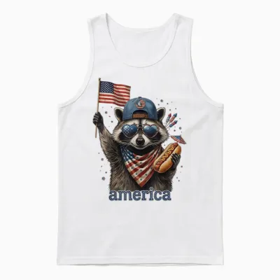 Funny Raccoon Hot Dog American Flag 4th of July Unisex Tank Top - White