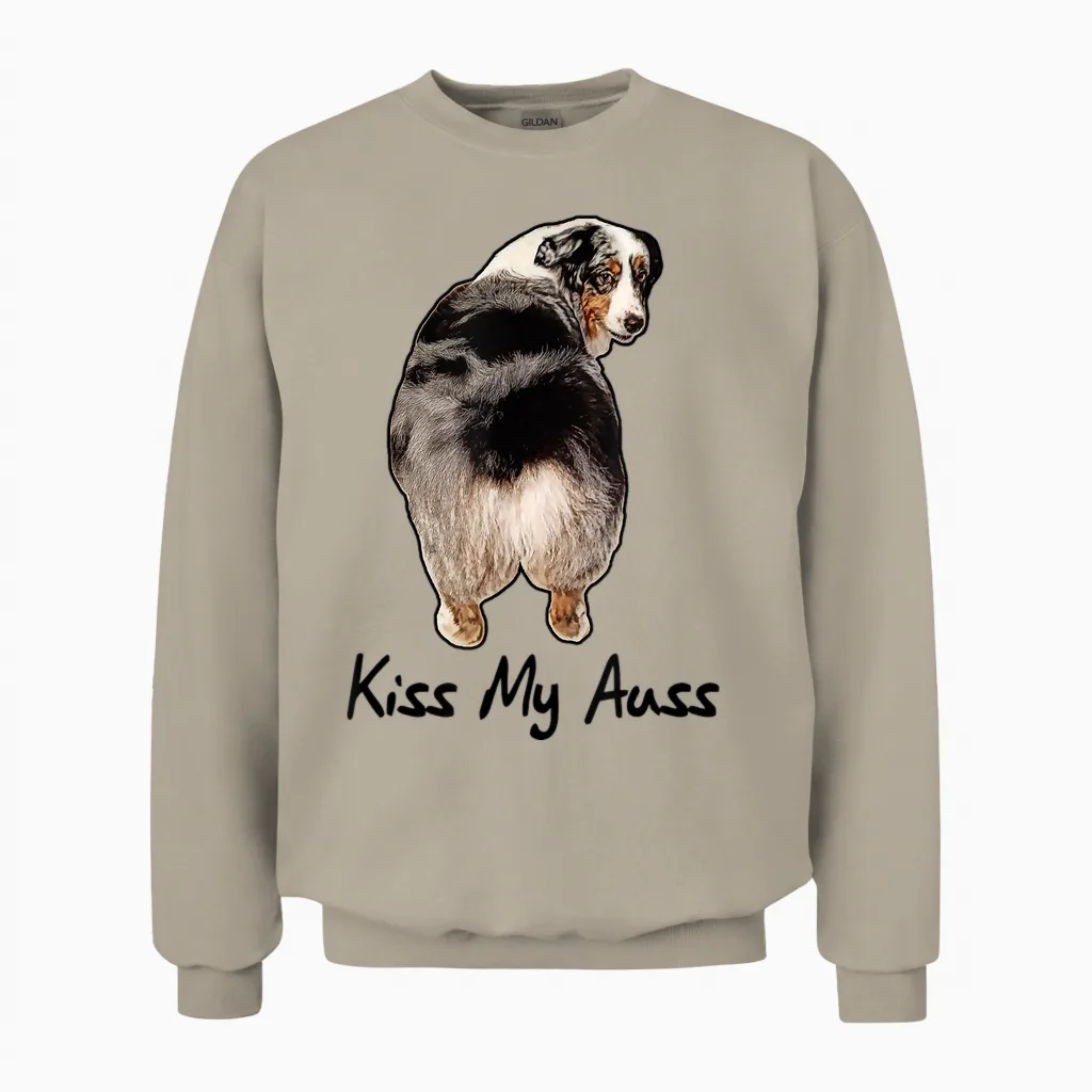 Funny Miniature Australian Shepherd Kiss My Auss Mini Aussie Unisex Sweatshirt in Sand