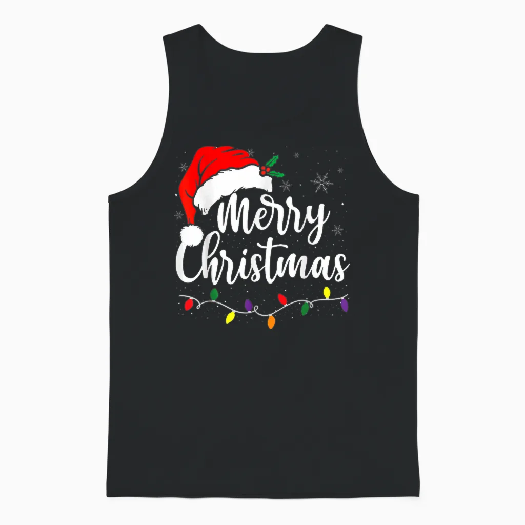 Merry Christmas Lights Red Santa Hat Xmas Family Men Women Unisex Tank Top in Black
