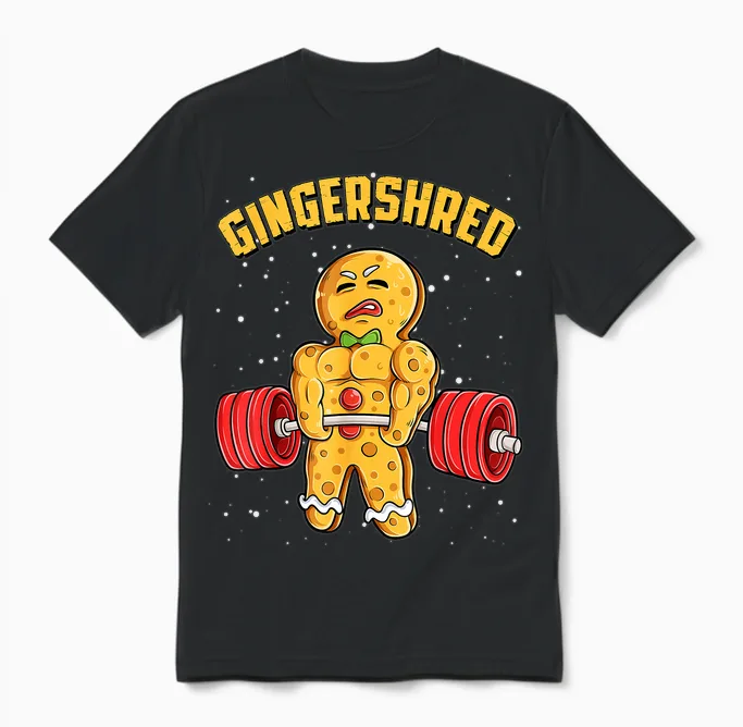 Gingershred Funny Gingerbread Man Gym Bodybuilding Christmas Unisex T-Shirt in Black