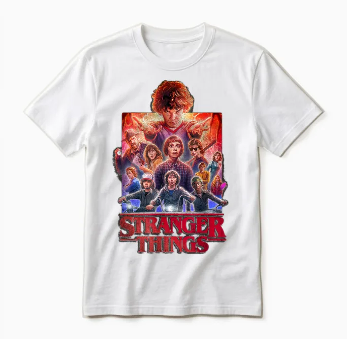 Stranger Things Group Poster T-Shirt, Black, S Unisex T-Shirt in White