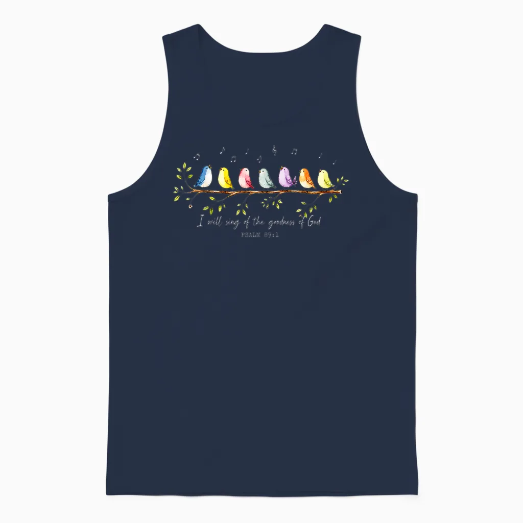 I Will Sing of the Goodness of God Psalm 89 1 Cute Bird Unisex Tank Top in Navy