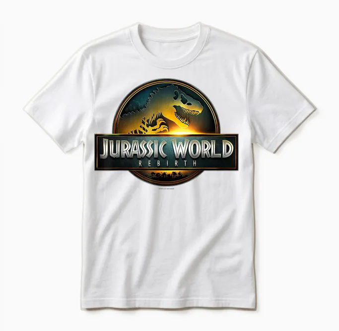 Jurassic World Rebirth Movie Logo T-Shirt, Black Unisex T-Shirt in White