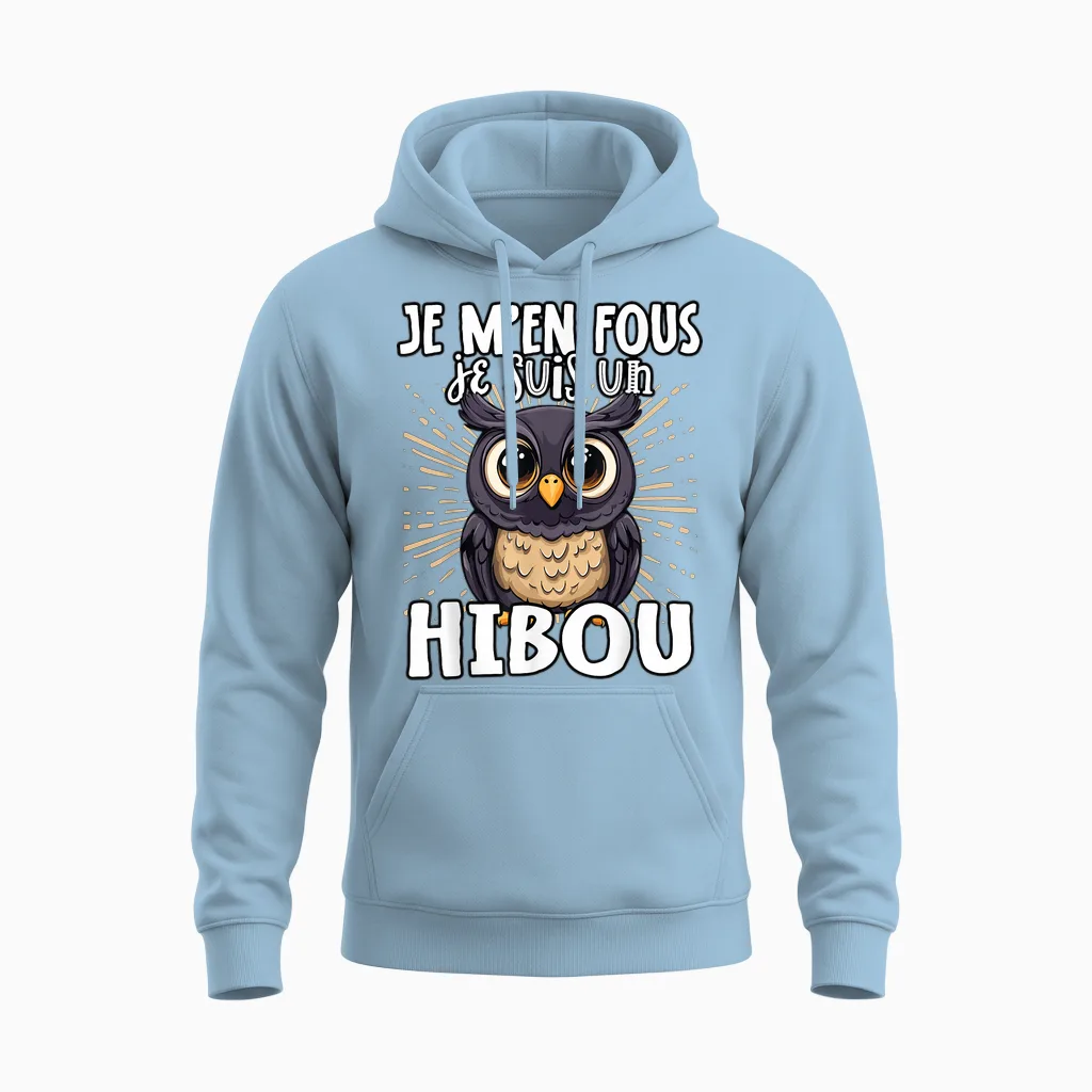 Je M'en Fous Je Suis Un Hibou β Cute Owl T-Shirt, Black, S Unisex Hoodie in Light Blue