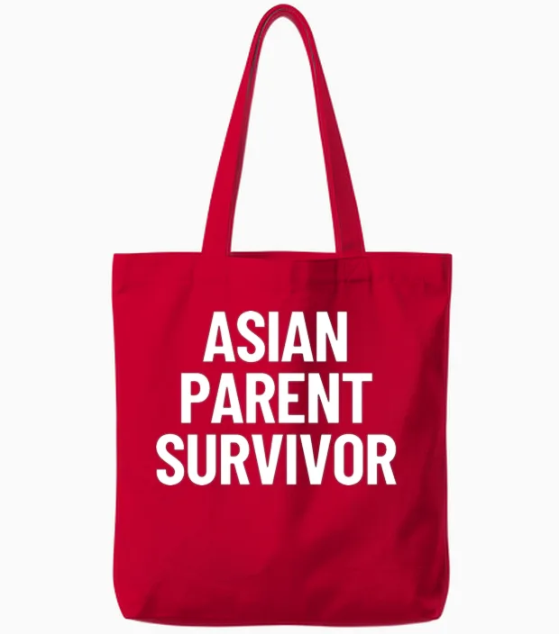 Asian Parent Survivor Funny Asian Stereotype Tote Bags in Red