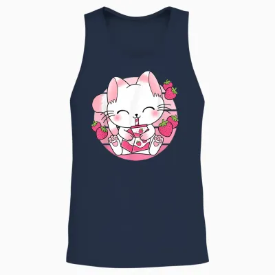 Süße Japanische Anime Kawaii Erdbeermilch Katze Manga Otaku Unisex Tank Top - Navy