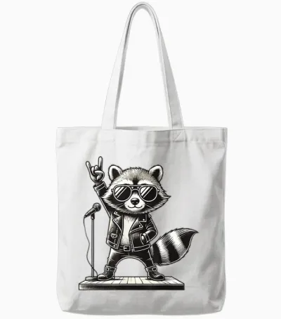 Rock Music & Rocker, Rock Hand, Kids & Boys, Funny Raccoon T-Shirt, Black, S Tote Bags - White