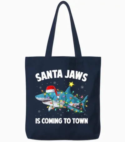 Santa Jaws Shark Christmas Lights Merry Sharkmas Xmas Boys Tote Bags - Navy