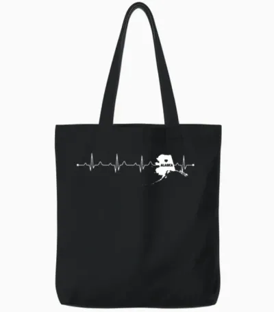 Title: Alaska Heartbeat Map Silhouette Home State Tote Bags - Black