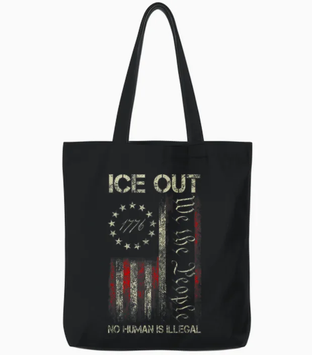 Ice Out No Human Is Illegal Us Flag Distressed Men Women Tote Bags in Black