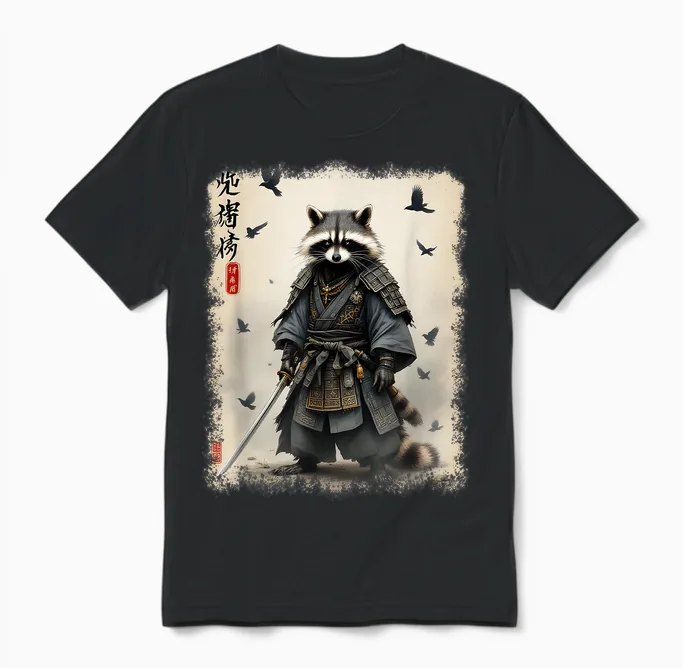 Samurai Waschbär, Japanischer Krieger & Kunst | Vintage Anime Unisex T-Shirt in Black