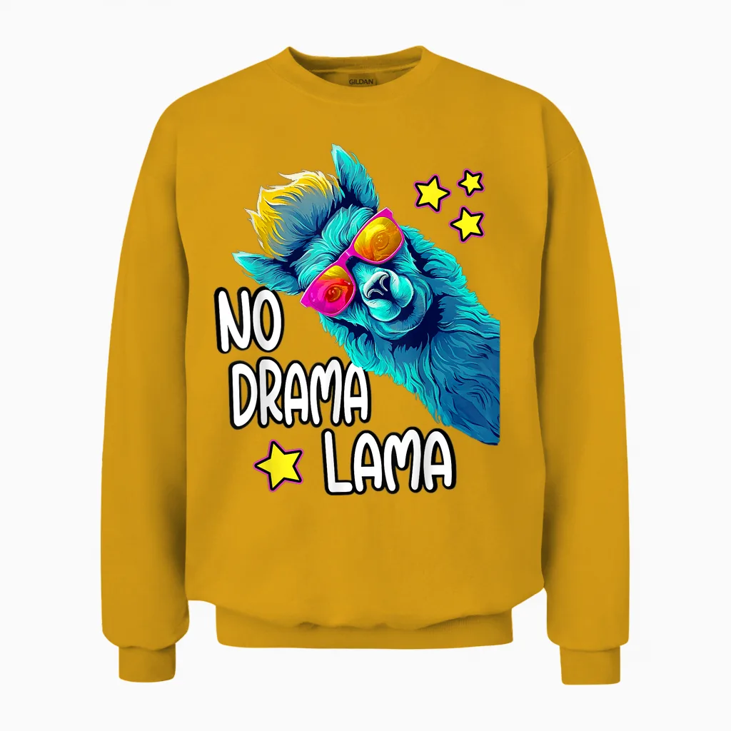 Lama No Drama with Sunglasses Cool Funny Saying Alpaca T-Shirt, Black Unisex Sweatshirt in Gold