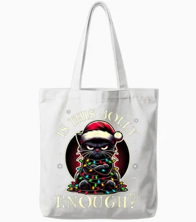 Is This Jolly Enough Funny Black Cat Christmas Tree Lights Tote Bags - White
