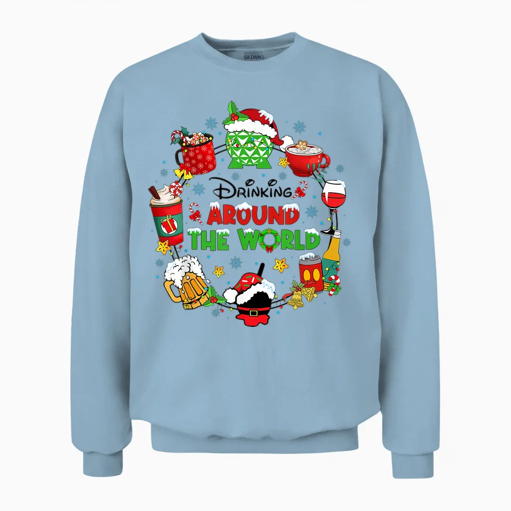 Drinking Around the World Family Christmas Vacation Unisex Sweatshirt in Light Blue