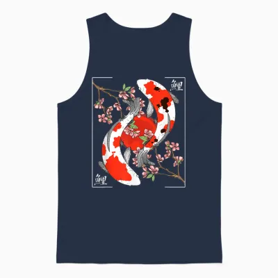 Japanese Koi Carp Nishikigoi Koi Japan Cherry Blossom T-Shirt, Black Unisex Tank Top - Navy