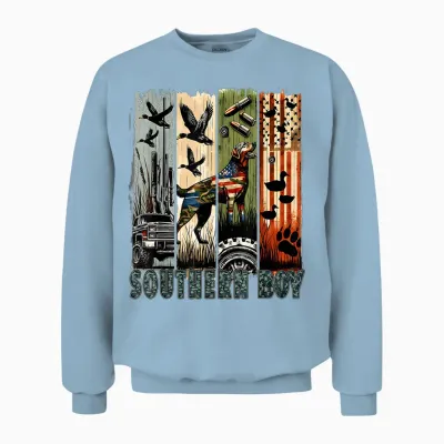 Southern Boy Camo Hunting Duck Dog Patriotic Usa Flag Boys Unisex Sweatshirt - Light Blue