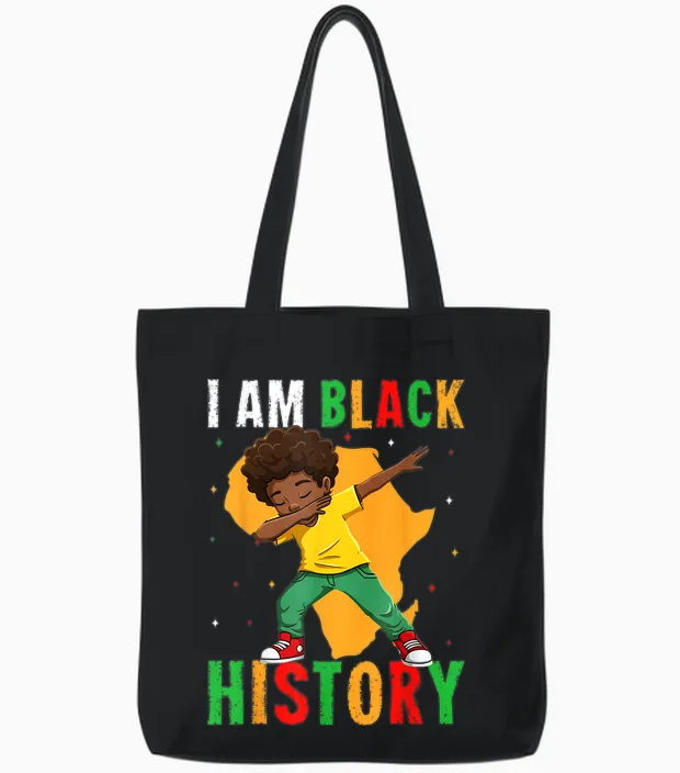 I Am Black History Kids Boys Men Black History Month Tote Bags in Black