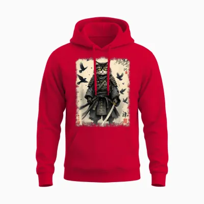 Samurai Cat, Japanese Warrior | Vintage Anime and Samurai Art T-Shirt, Black, S Unisex Hoodie - Red