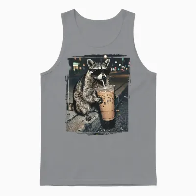 Raccoon Drinking Iced Coffee Funny Animal Meme Men Women Unisex Tank Top - Sport Grey