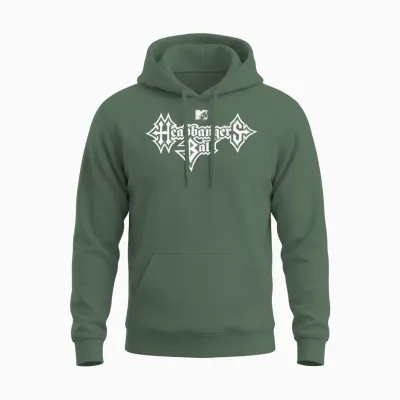 Mtv Headbangers Ball: Classic Fit, Round Neck, Short Sleeve Black Metal Text Unisex Hoodie - Military Green