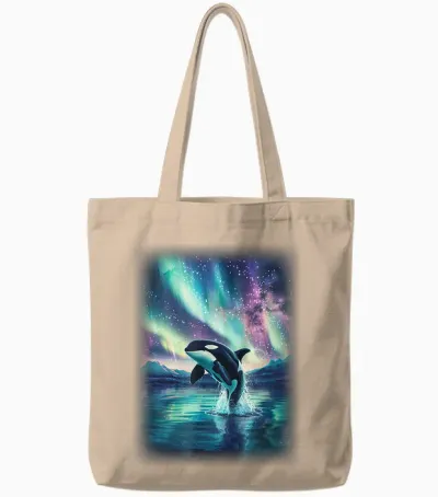 Orca T with a Northern Lights Orca T-Shirt, Black Tote Bags - Natural