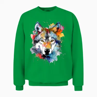 Wolfskopf Aquarell T-Shirt Damen Schwarz Small Eu 38 V-Ausschnitt Kurzarm Klassische Passform Baumwolle 50% Polyester 50% Tierdruck Wildnis Einzigartiges Wolf-Design 1 Count Unisex Sweatshirt - Irish Green