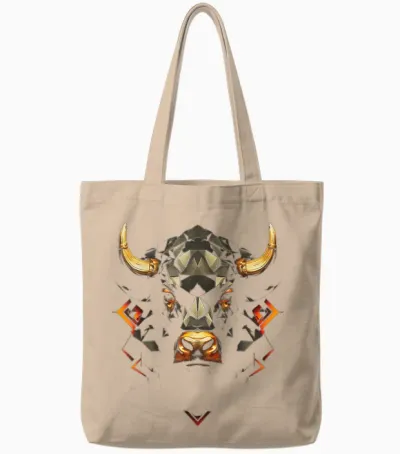 Bull Polygon Animal Graphic Art Bull T-Shirt, Black Tote Bags - Natural
