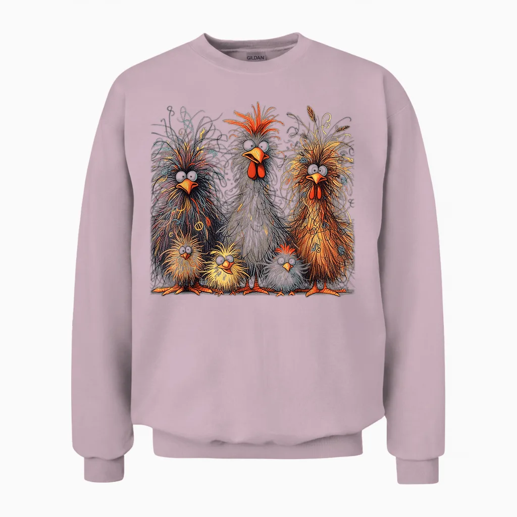 Eagerlys Colorful Funny Chicken Art, Crazy Chicken Family Unisex Sweatshirt in Light Pink