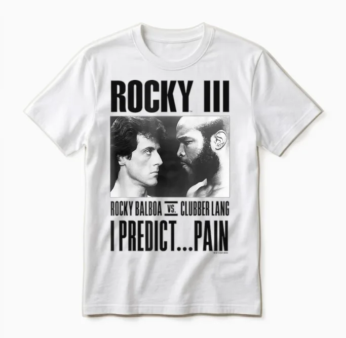 Rocky Iii I Predict Pain Rocky vs Clubber Lang Panel T-Shirt, Grey, S Unisex T-Shirt in White