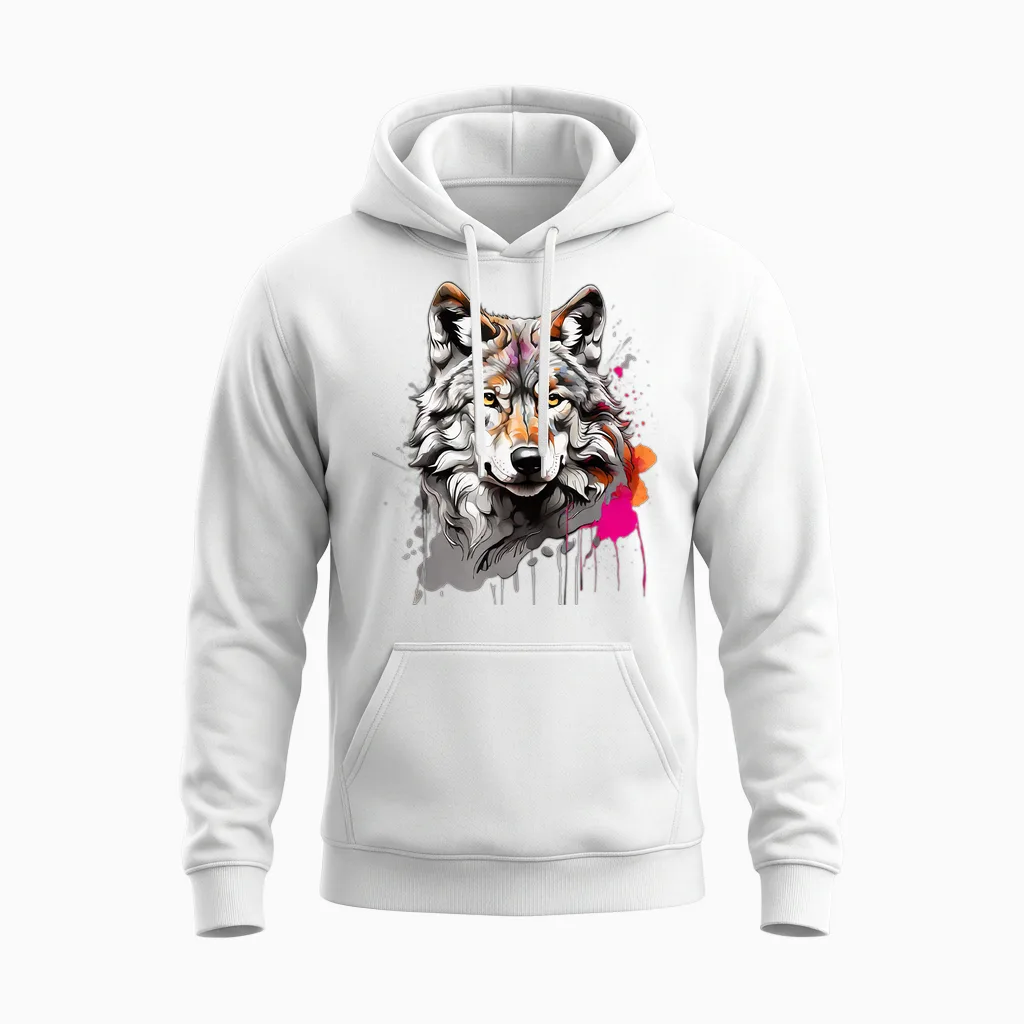 Wolf Mit Bunten Farbspritzern Wölfe Und Waldtiere Unisex Hoodie in White