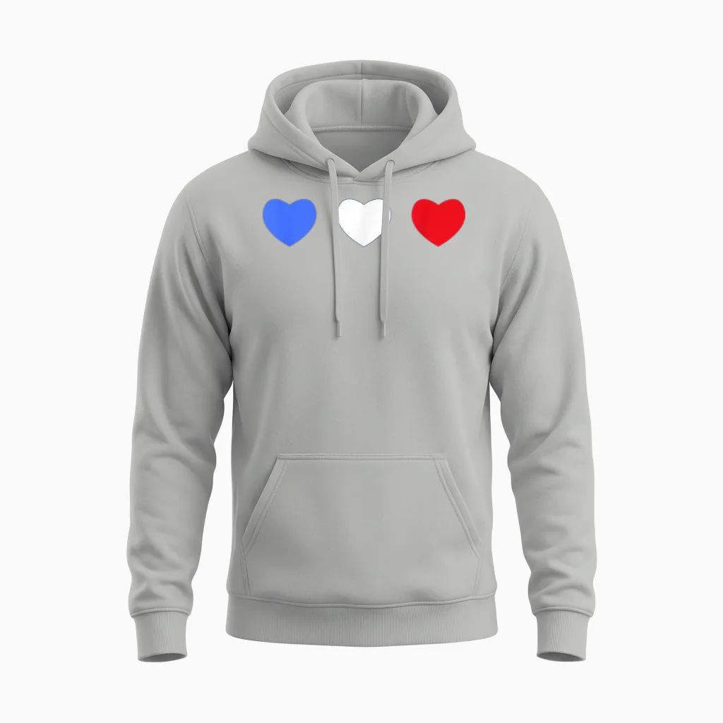 France Cœurs Tricolores Drapeau Bleu Blanc Rouge Unisex Hoodie in Ash