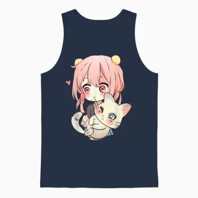 Anime and Cats Lover for Teen Manga Kawaii Graphic Otaku Unisex Tank Top - Navy