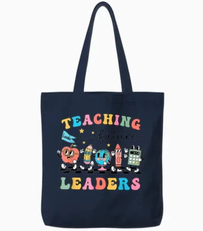 Retro Teaching Future Leaders Groovy Teacher Back to School Men Women Girls Tote Bags - Navy