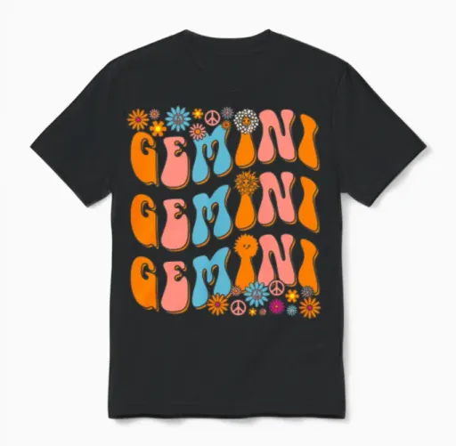 Retro Hippie Gemini Birthday Unisex T-Shirt in Black