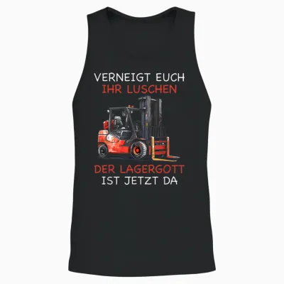 Men's T-Shirt with German Text "lagergott Ist Da Stapler Lagerist" [german Language], Black Unisex Tank Top - Black
