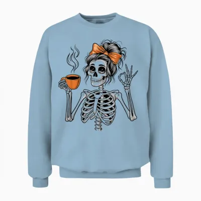 Halloween Skeleton Messy Bun Coffee Funny Costume Mom Women Unisex Sweatshirt - Light Blue