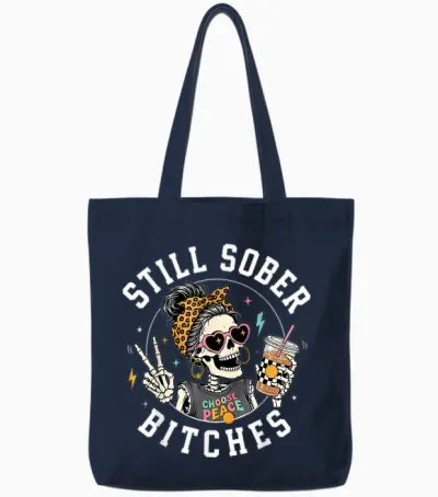 Still Sober Bitches Messy Bun Drinking Coffee Skeleton Tote Bags - Navy