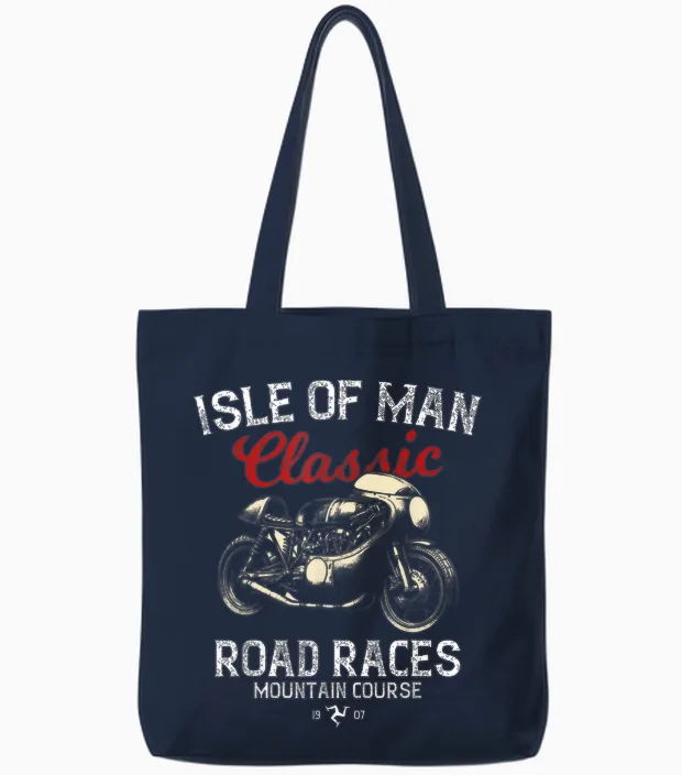 Retro Isle of Man Tt Races Vintage Motorcycle Race T-Shirt, Black, S Tote Bags in Navy