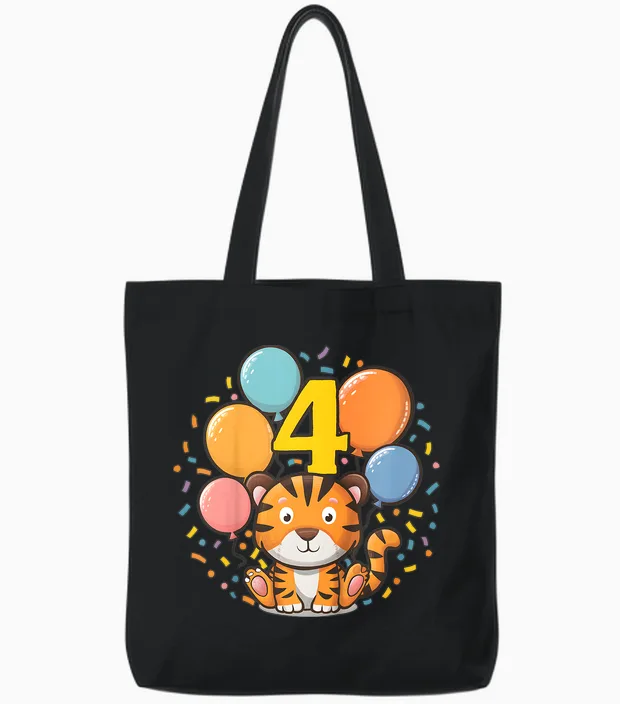 Kinder 4. Geburtstag Kindergeburtstag Vierter Geburtstag Tiger Tote Bags in Black