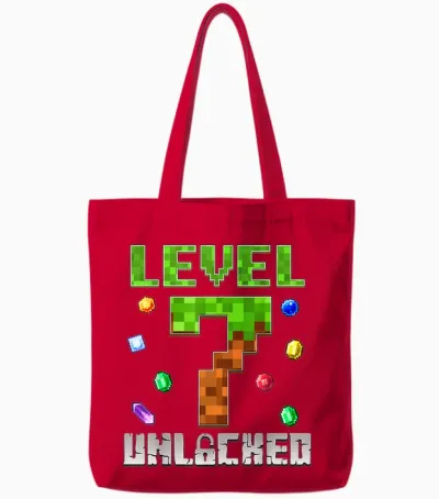 Birthday Boy Level 7 Unlocked 7th Birthday Game Pixel Tote Bags - Red