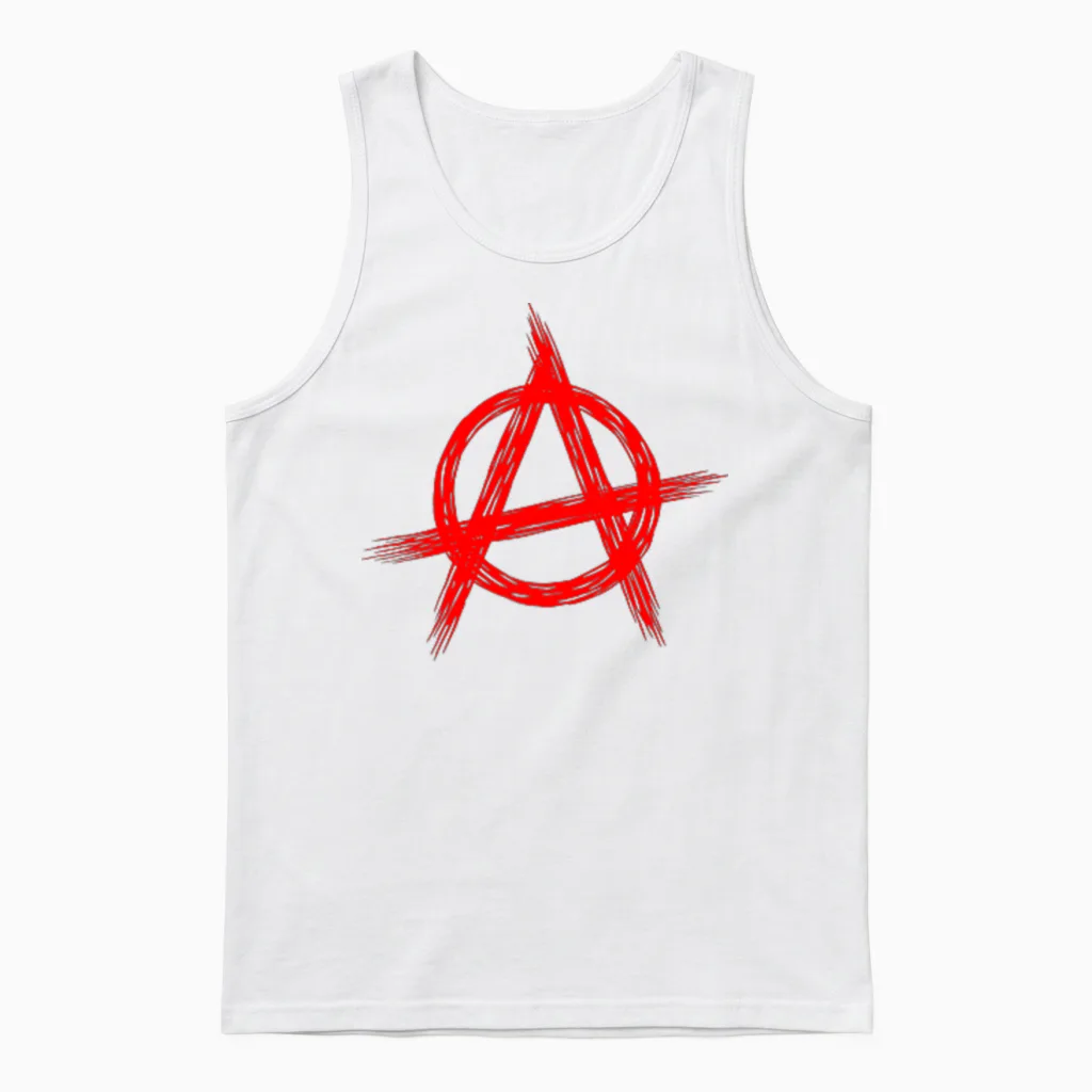 Rotes Anarchistisches Symbol, Verzweifelter Rockstar Der Politischen Anarchie Unisex Tank Top in White