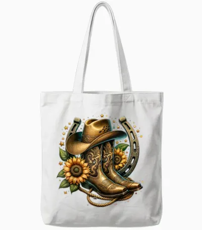 Western Cowboy Boots Horseshoe Sunflower Rope Cowgirl Boat T-Shirt, Black Tote Bags - White