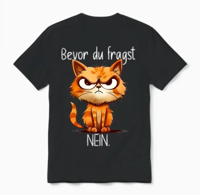 Funny Cat with Cheeky Saying "bevor Du Fragst No" Long-Sleeved Shirt, Black Unisex T-Shirt - Black
