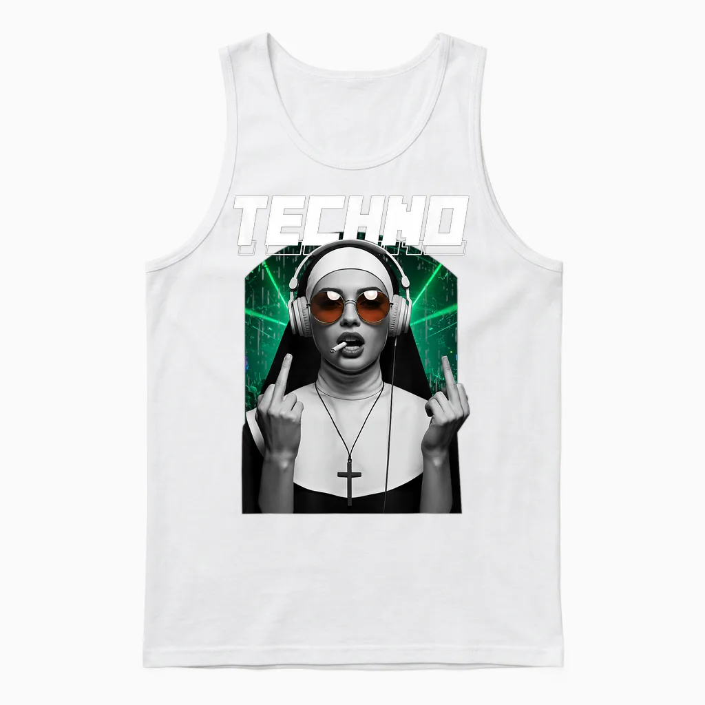 Techno Nun Techno Rave Party Hardstyle Unisex Tank Top in White